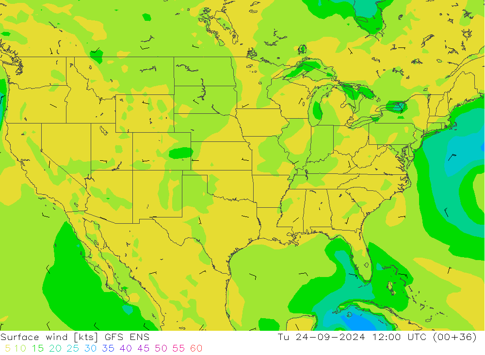 Vento 10 m GFS ENS mar 24.09.2024 12 UTC