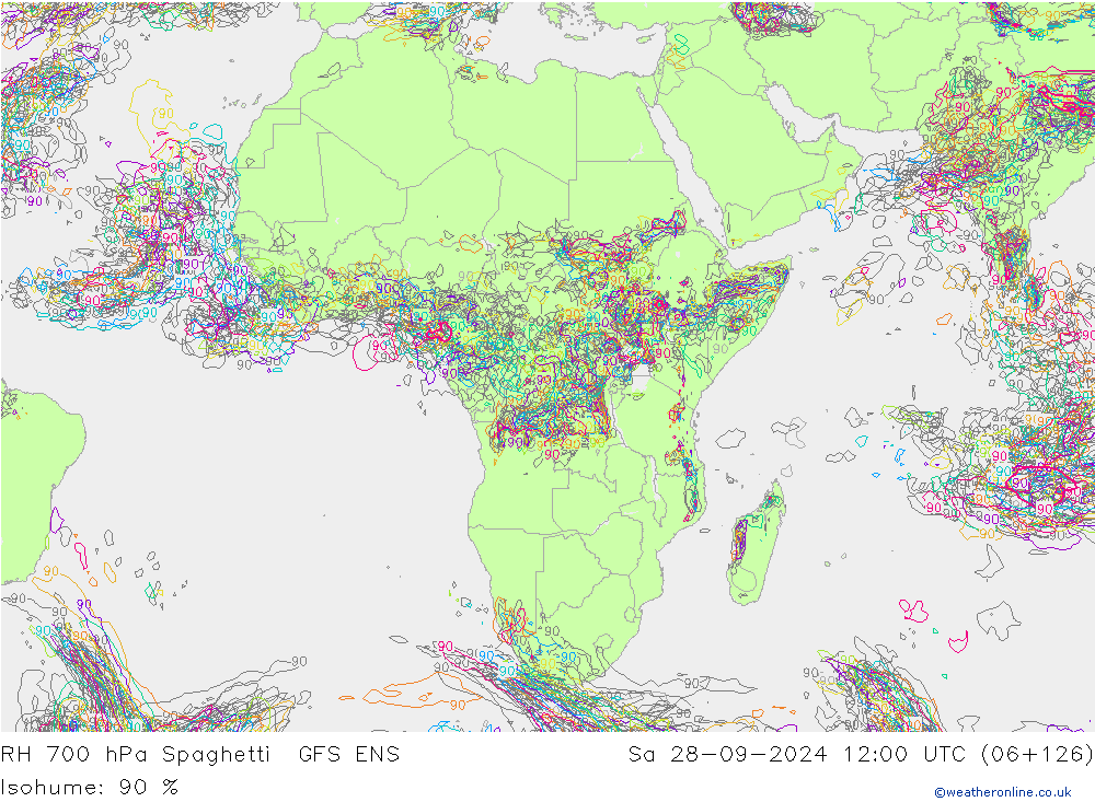 RH 700 hPa Spaghetti GFS ENS Sa 28.09.2024 12 UTC