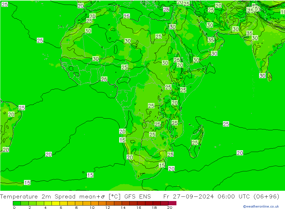 Temperatura 2m Spread GFS ENS Sex 27.09.2024 06 UTC