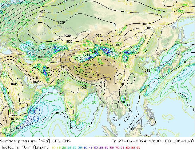 Eşrüzgar Hızları (km/sa) GFS ENS Cu 27.09.2024 18 UTC