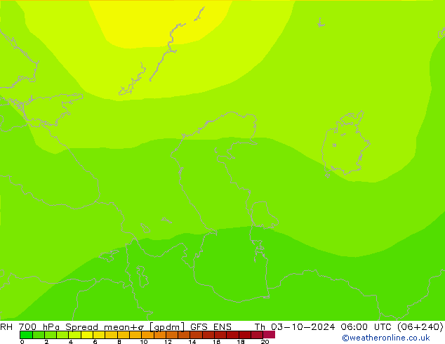 RH 700 hPa Spread GFS ENS Th 03.10.2024 06 UTC