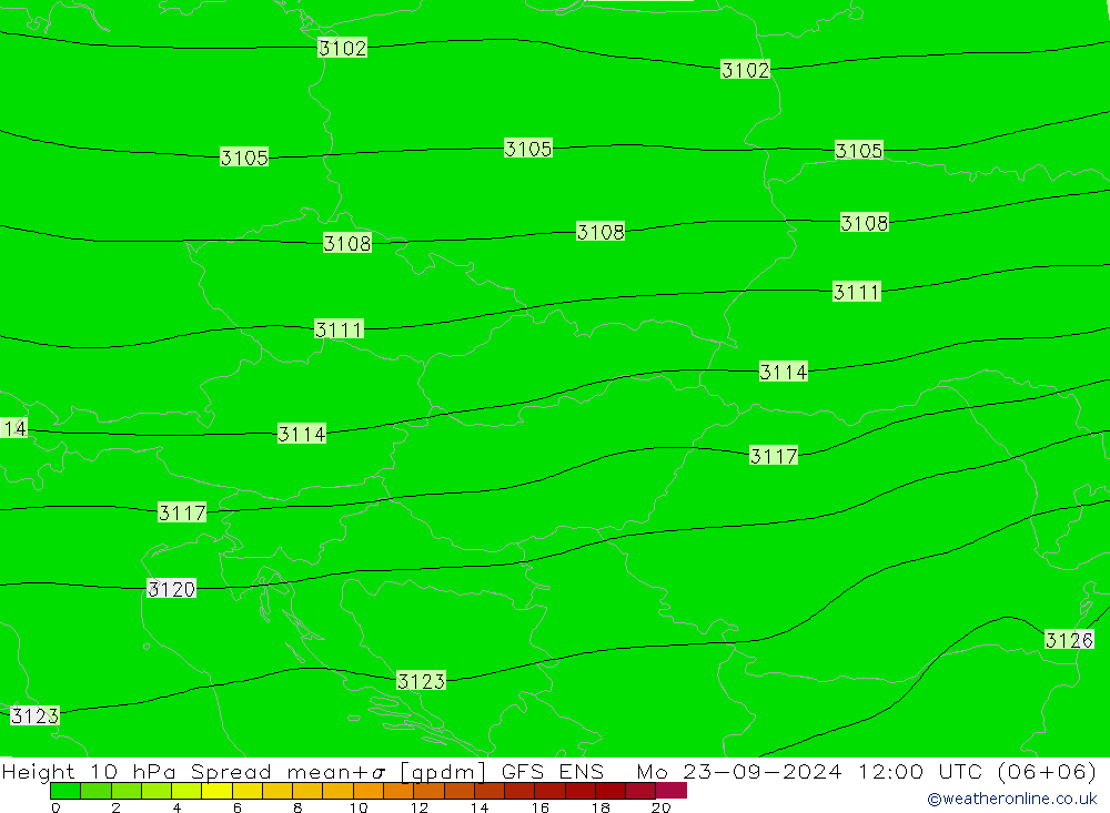 Hoogte 10 hPa Spread GFS ENS ma 23.09.2024 12 UTC