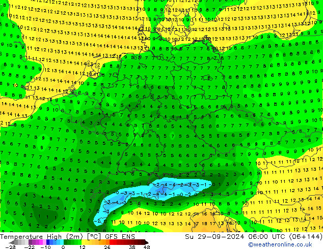 Nejvyšší teplota (2m) GFS ENS Ne 29.09.2024 06 UTC