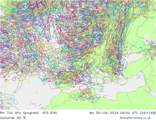 RH 700 hPa Spaghetti GFS ENS Mo 30.09.2024 06 UTC