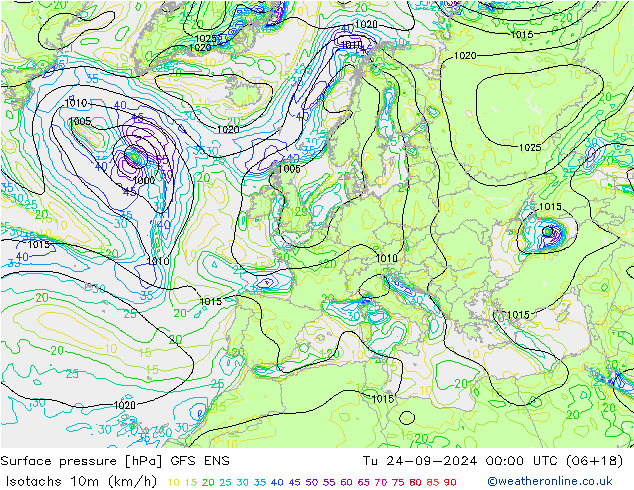 Isotachen (km/h) GFS ENS di 24.09.2024 00 UTC