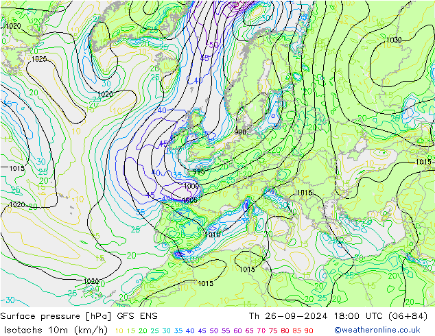 Isotachs (kph) GFS ENS Čt 26.09.2024 18 UTC