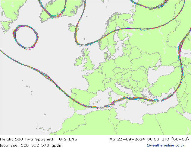 Height 500 hPa Spaghetti GFS ENS Mo 23.09.2024 06 UTC