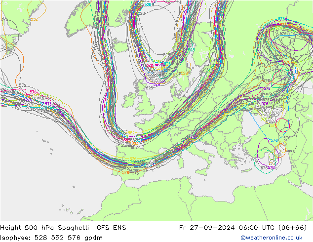 Height 500 hPa Spaghetti GFS ENS Fr 27.09.2024 06 UTC