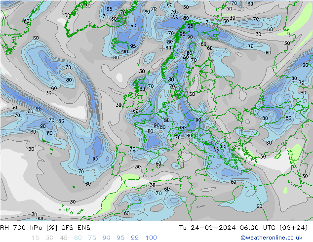 RH 700 hPa GFS ENS Tu 24.09.2024 06 UTC