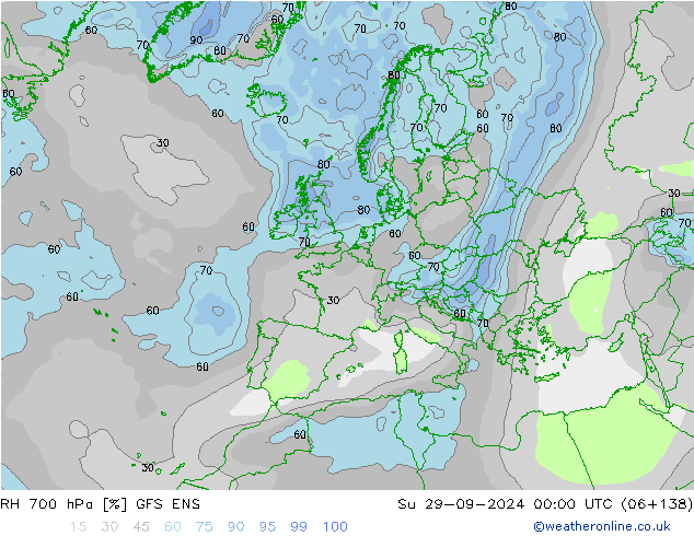 Humedad rel. 700hPa GFS ENS dom 29.09.2024 00 UTC