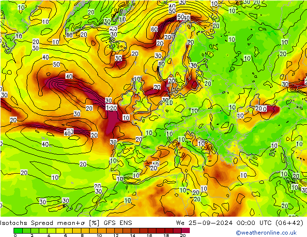 Isotachen Spread GFS ENS Mi 25.09.2024 00 UTC