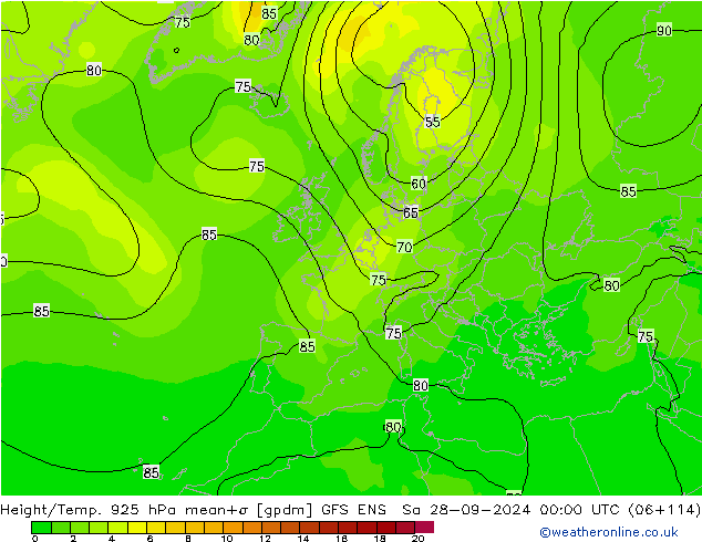 Height/Temp. 925 hPa GFS ENS Sa 28.09.2024 00 UTC