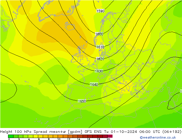 Height 100 гПа Spread GFS ENS вт 01.10.2024 06 UTC