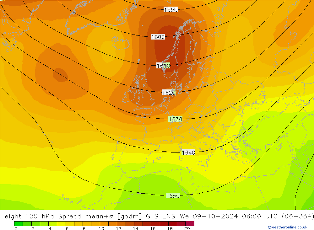 Height 100 hPa Spread GFS ENS mer 09.10.2024 06 UTC