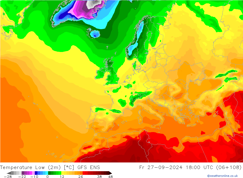 Nejnižší teplota (2m) GFS ENS Pá 27.09.2024 18 UTC