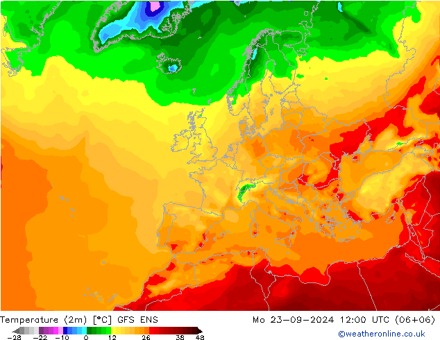 Temperature (2m) GFS ENS Mo 23.09.2024 12 UTC