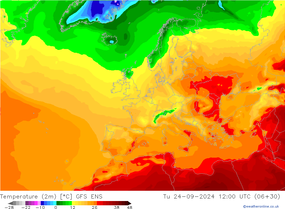 mapa temperatury (2m) GFS ENS wto. 24.09.2024 12 UTC