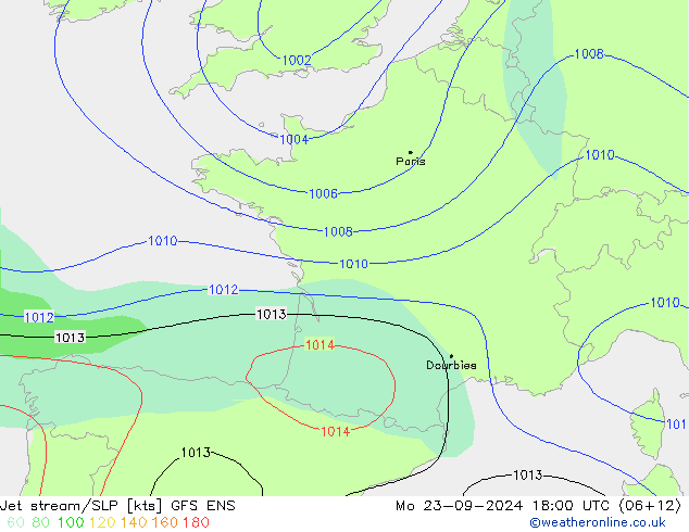 Jet stream/SLP GFS ENS Mo 23.09.2024 18 UTC