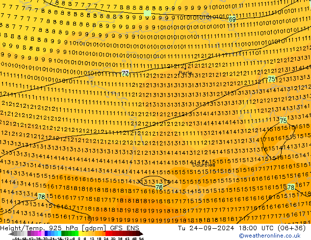 Height/Temp. 925 hPa GFS ENS Tu 24.09.2024 18 UTC