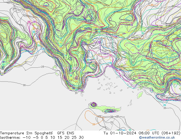 карта температуры Spaghetti GFS ENS вт 01.10.2024 06 UTC