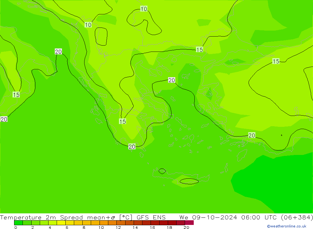 Temperature 2m Spread GFS ENS We 09.10.2024 06 UTC