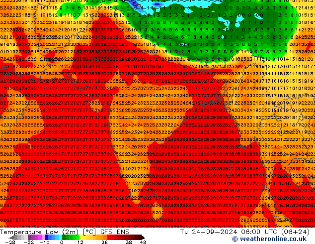 Nejnižší teplota (2m) GFS ENS Út 24.09.2024 06 UTC