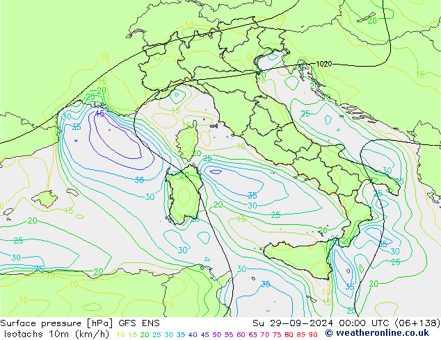 Izotacha (km/godz) GFS ENS nie. 29.09.2024 00 UTC