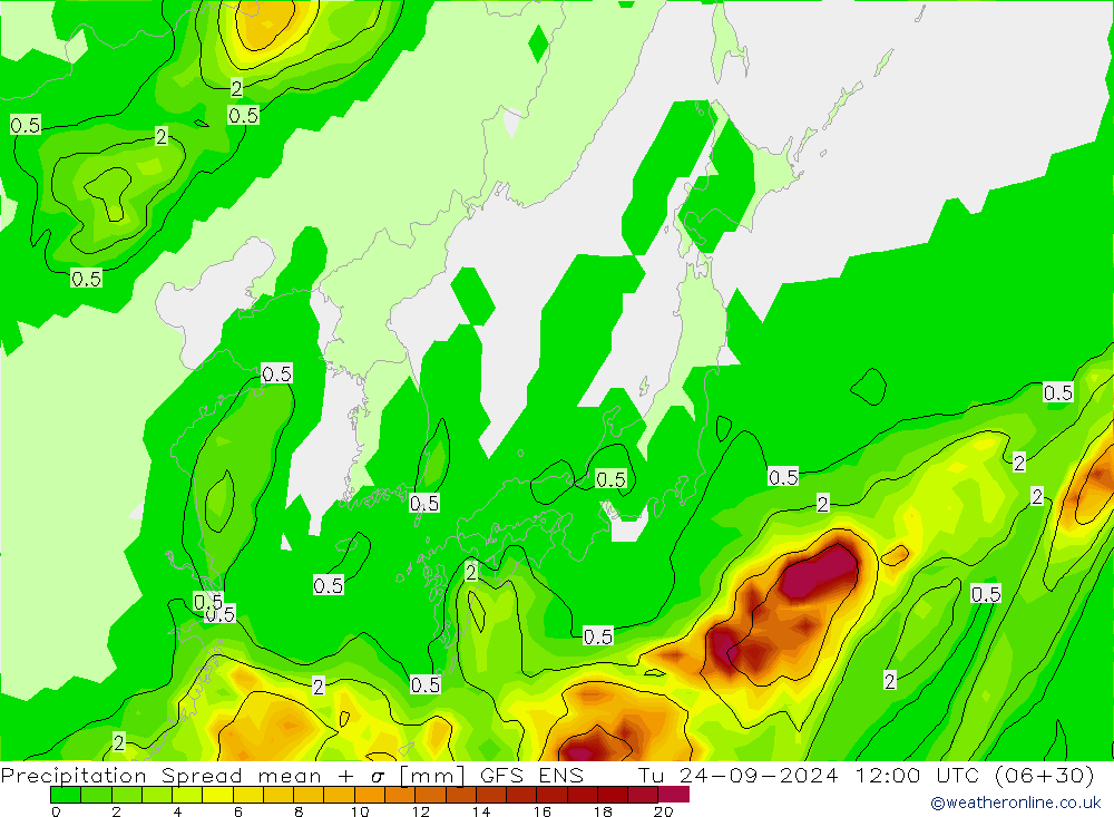 Precipitation Spread GFS ENS Tu 24.09.2024 12 UTC