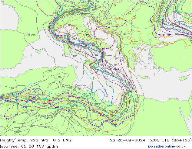 Hoogte/Temp. 925 hPa GFS ENS za 28.09.2024 12 UTC