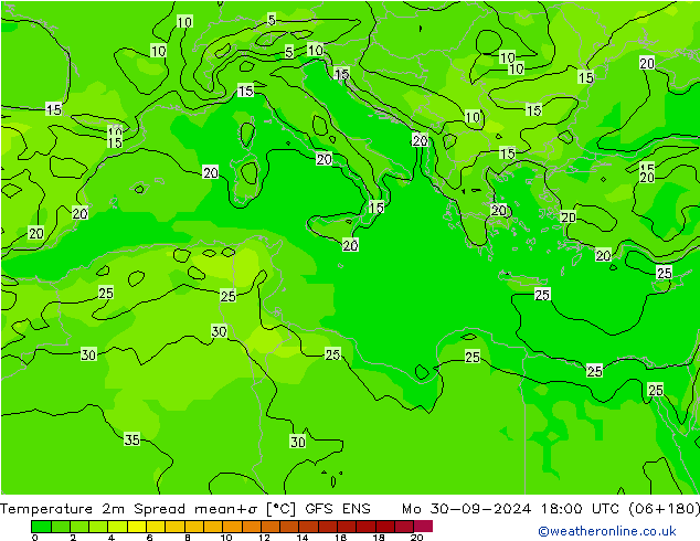 Temperatuurkaart Spread GFS ENS ma 30.09.2024 18 UTC