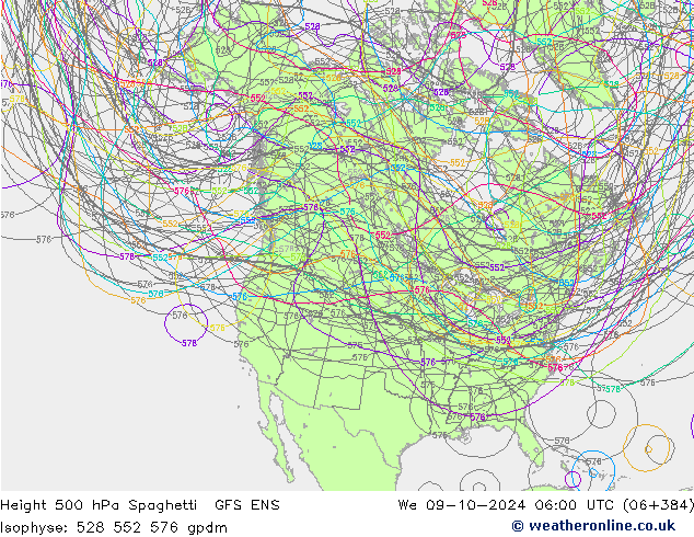 Height 500 hPa Spaghetti GFS ENS  09.10.2024 06 UTC