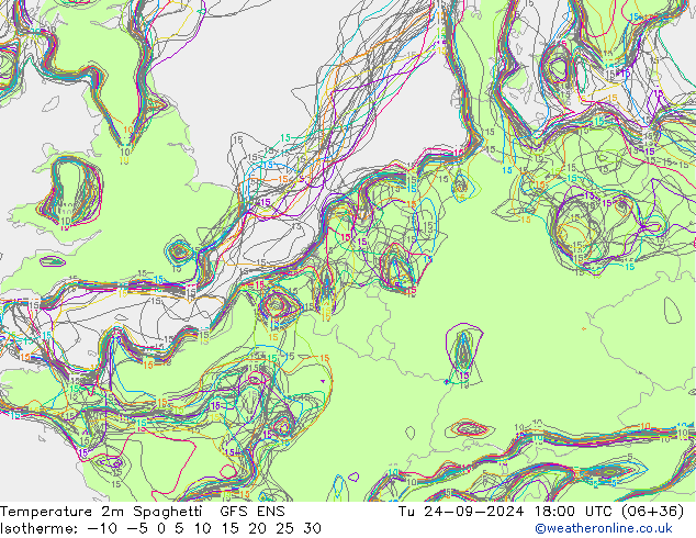 Temperature 2m Spaghetti GFS ENS Út 24.09.2024 18 UTC