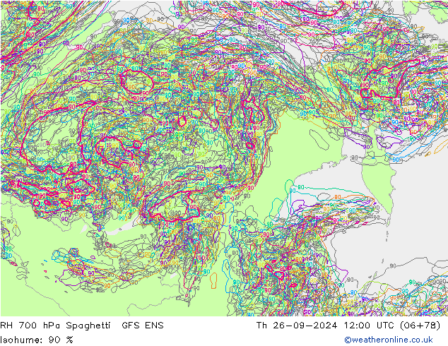 RH 700 hPa Spaghetti GFS ENS Čt 26.09.2024 12 UTC