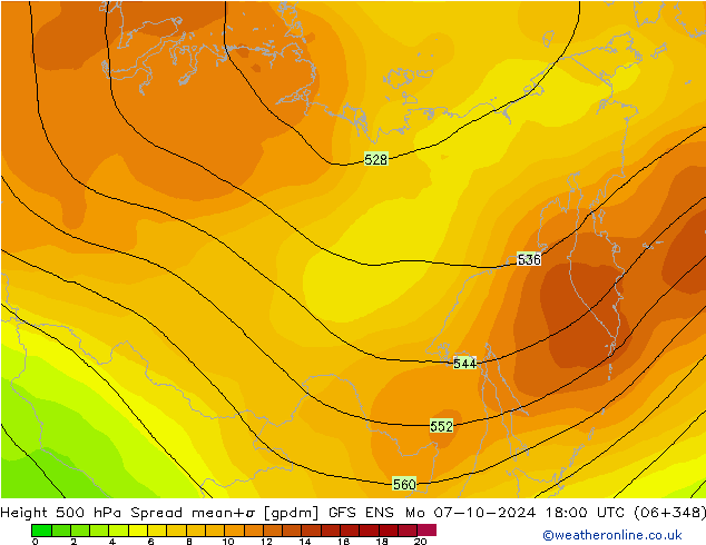 Height 500 hPa Spread GFS ENS Mo 07.10.2024 18 UTC