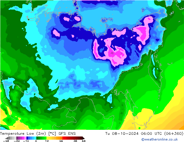 Temperature Low (2m) GFS ENS Tu 08.10.2024 06 UTC