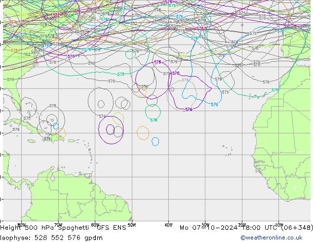 Height 500 hPa Spaghetti GFS ENS lun 07.10.2024 18 UTC