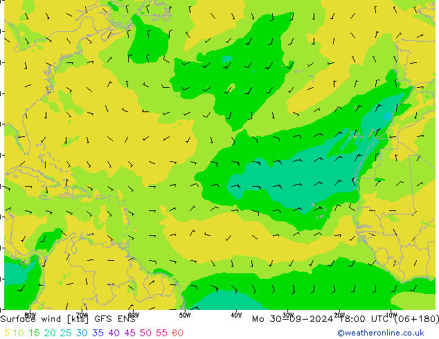 Vento 10 m GFS ENS lun 30.09.2024 18 UTC