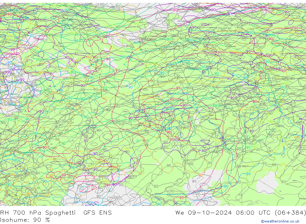 RH 700 hPa Spaghetti GFS ENS We 09.10.2024 06 UTC