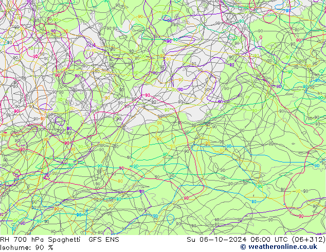 Humidité rel. 700 hPa Spaghetti GFS ENS dim 06.10.2024 06 UTC