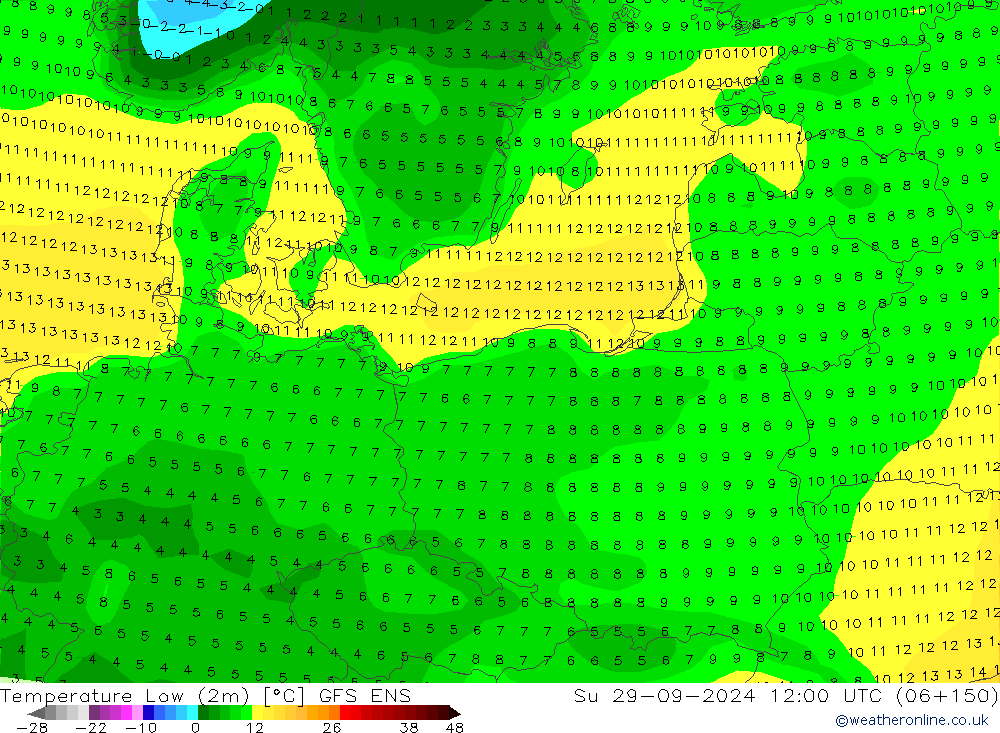 temperatura mín. (2m) GFS ENS Dom 29.09.2024 12 UTC