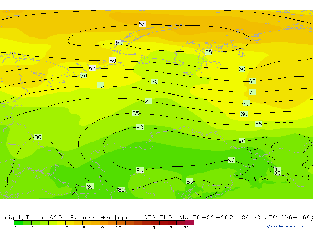 Height/Temp. 925 hPa GFS ENS Mo 30.09.2024 06 UTC