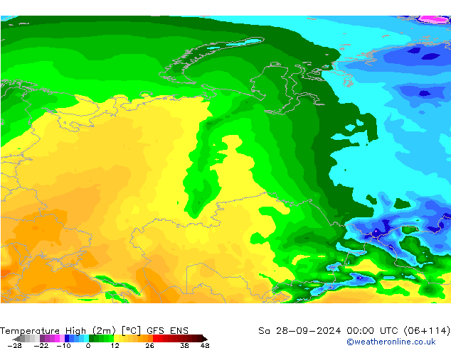 Max. Temperatura (2m) GFS ENS so. 28.09.2024 00 UTC