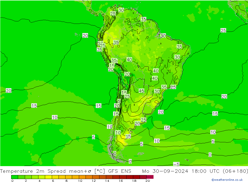 Temperature 2m Spread GFS ENS Mo 30.09.2024 18 UTC