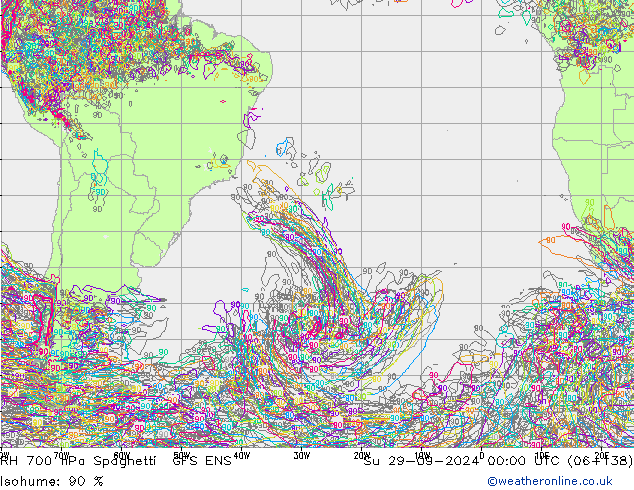 RH 700 hPa Spaghetti GFS ENS Dom 29.09.2024 00 UTC