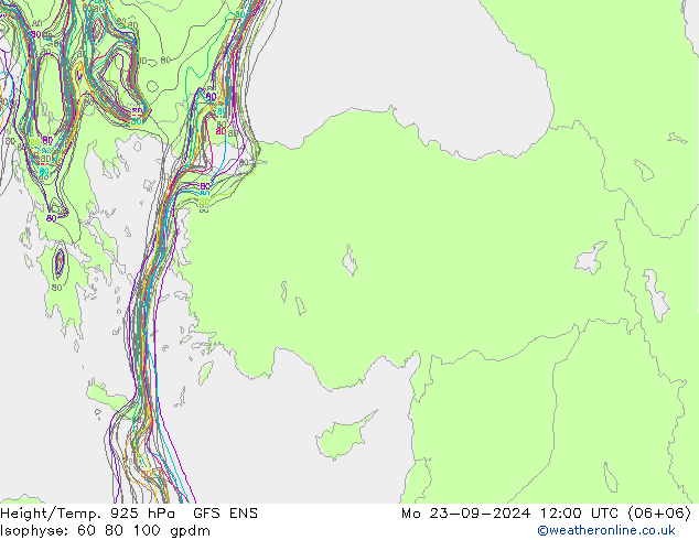 Height/Temp. 925 hPa GFS ENS Mo 23.09.2024 12 UTC