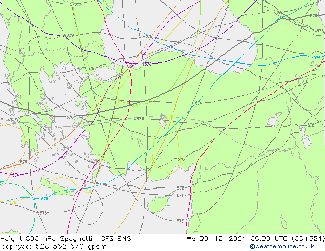 Hoogte 500 hPa Spaghetti GFS ENS wo 09.10.2024 06 UTC