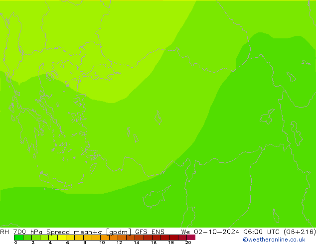 RH 700 hPa Spread GFS ENS We 02.10.2024 06 UTC