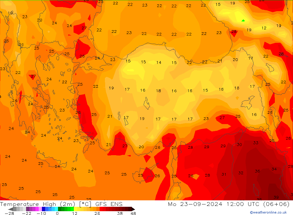 Temperature High (2m) GFS ENS Mo 23.09.2024 12 UTC