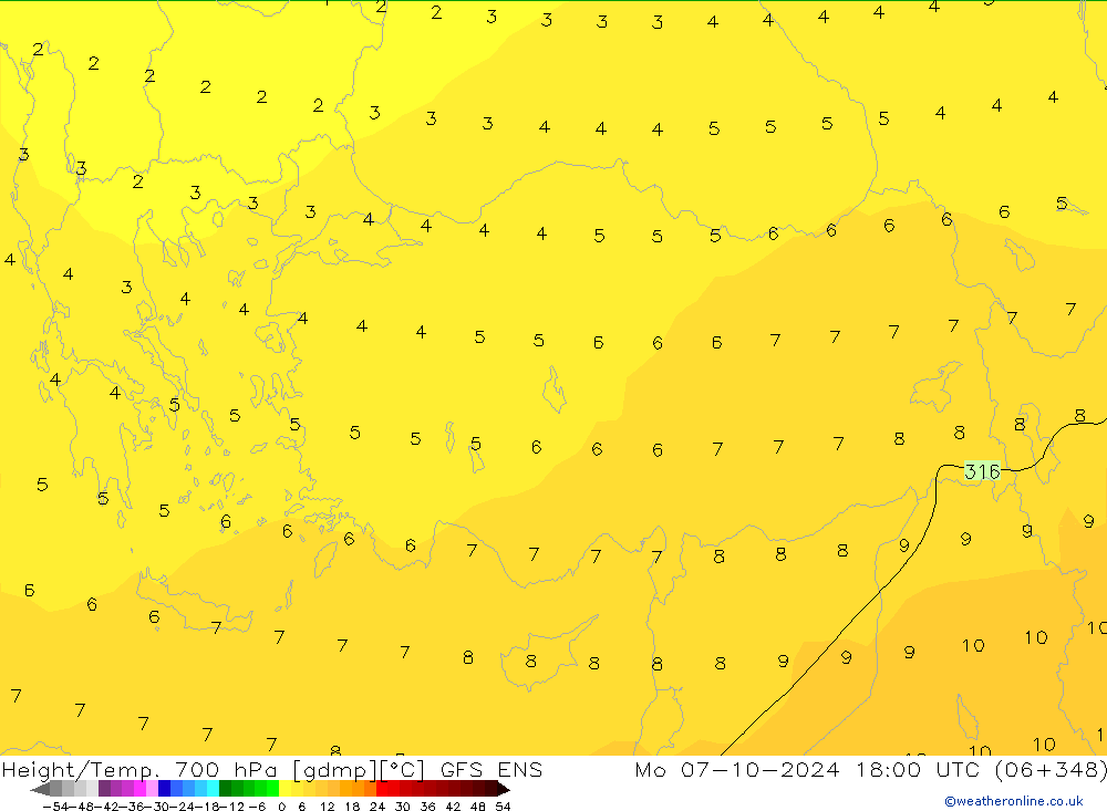 Height/Temp. 700 hPa GFS ENS lun 07.10.2024 18 UTC