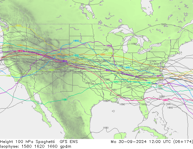 Height 100 гПа Spaghetti GFS ENS пн 30.09.2024 12 UTC